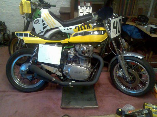 Click to view full size image
 ============== 
Taken in November 06 on a camera phone....
Notice the new-found ground clearance, the XS750 forks, yokes and brakes and the TZ350 front wheel!

