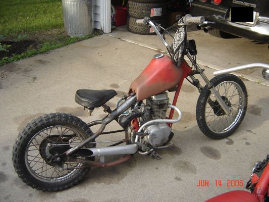 Click to view full size image
 ============== 
Proof of concept scale model
My first bike. 1984 Honda XL80 rigid chopper. Learned what I will need to do to build a 650 someday...
