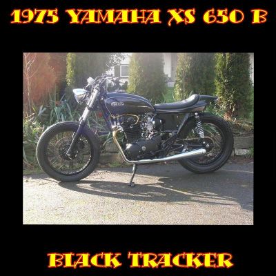 Click to view full size image
 ============== 
THE BLACK TRACKER
1977 donor bike engine upgraded woth a PAMCO unit.
1971 XS-1 tank...Hot Wing seat...chain wheel instrument housings...tracker bars...mikuni round slides.
Tank & seat on this bike are painted...everything else is powder coated.
