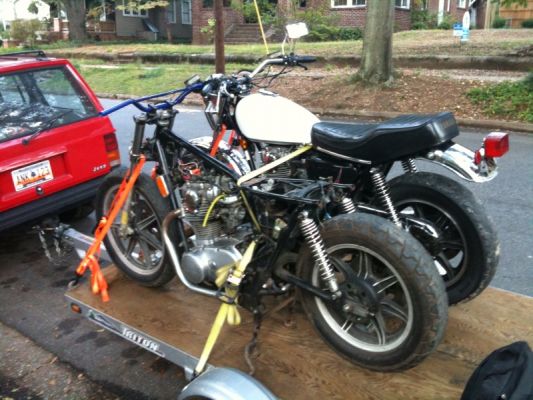 Click to view full size image
 ============== 
Excess XS
picked up 2 yamaha xs 650s yesterday (a 79 and an 80) Got a spare 82 engine and a haul of spare parts.
